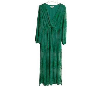 Preowned Dress Day Hunter Green Lace Maxi Dress V-Neck Sheer Long Sleeve Size L